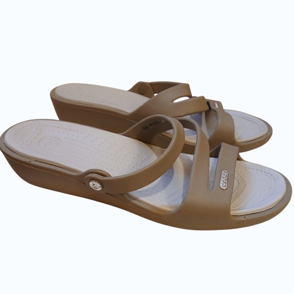 NWOT CROCS Patricia Wedge Tan Strappy Slip-On Coastal Sandals - Picture 5 of 12